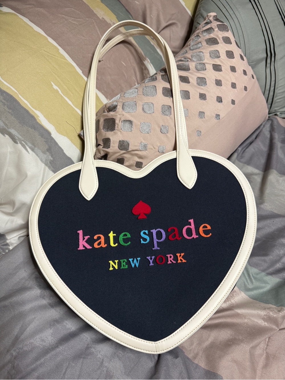 kate spade Heart Tote in Navy with White Trim and Rainbow Logo